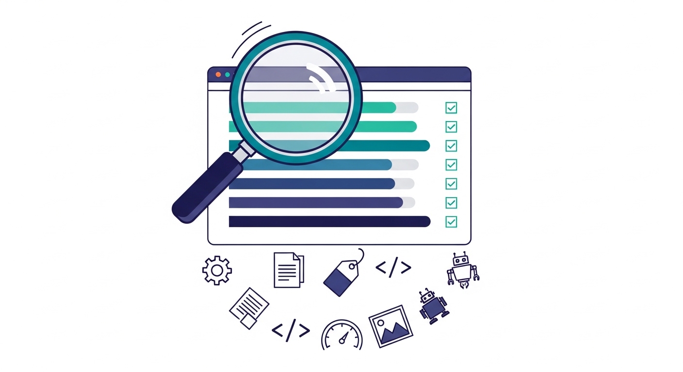 SEO audit metrics dashboard showing seven scoring categories with color-coded results