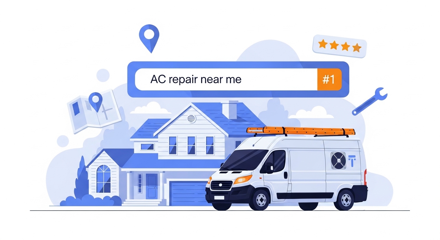 HVAC SEO guide illustration showing search rankings and local business visibility