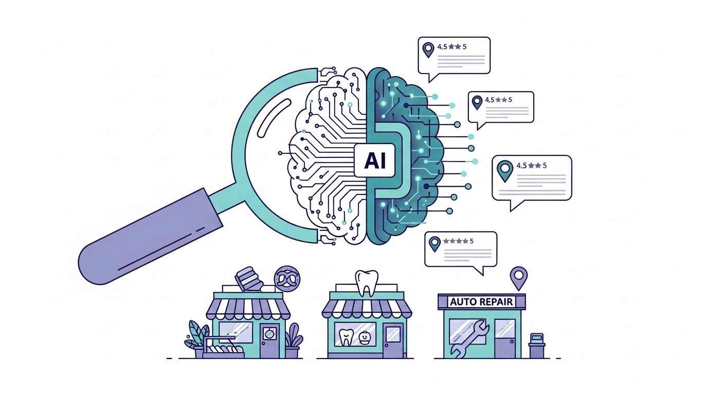 AI search engine analyzing and recommending local businesses illustration