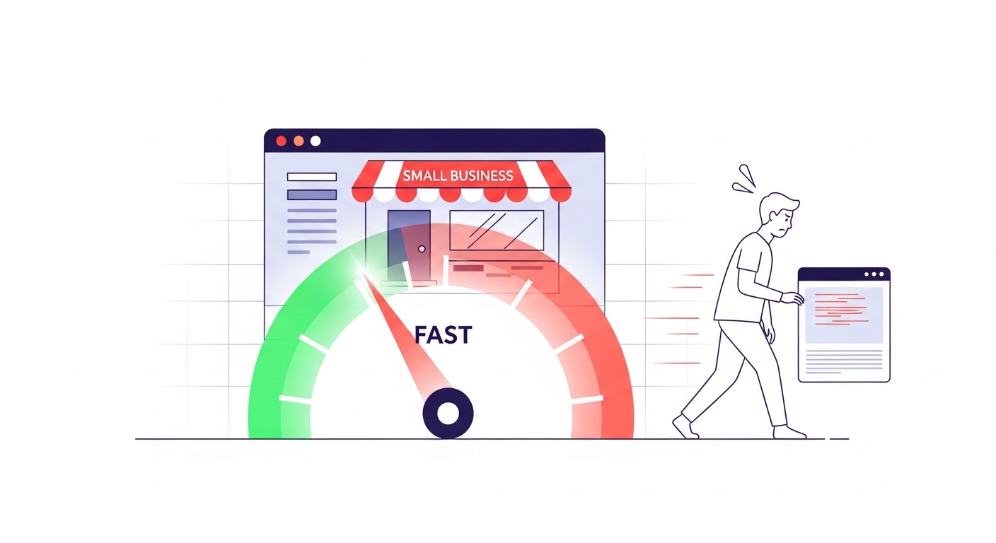 Page speed SEO illustration showing fast website loading gauge with local business site
